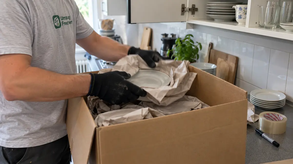 Packservice Frechen: Geschirr wird in Packpapier gewickelt