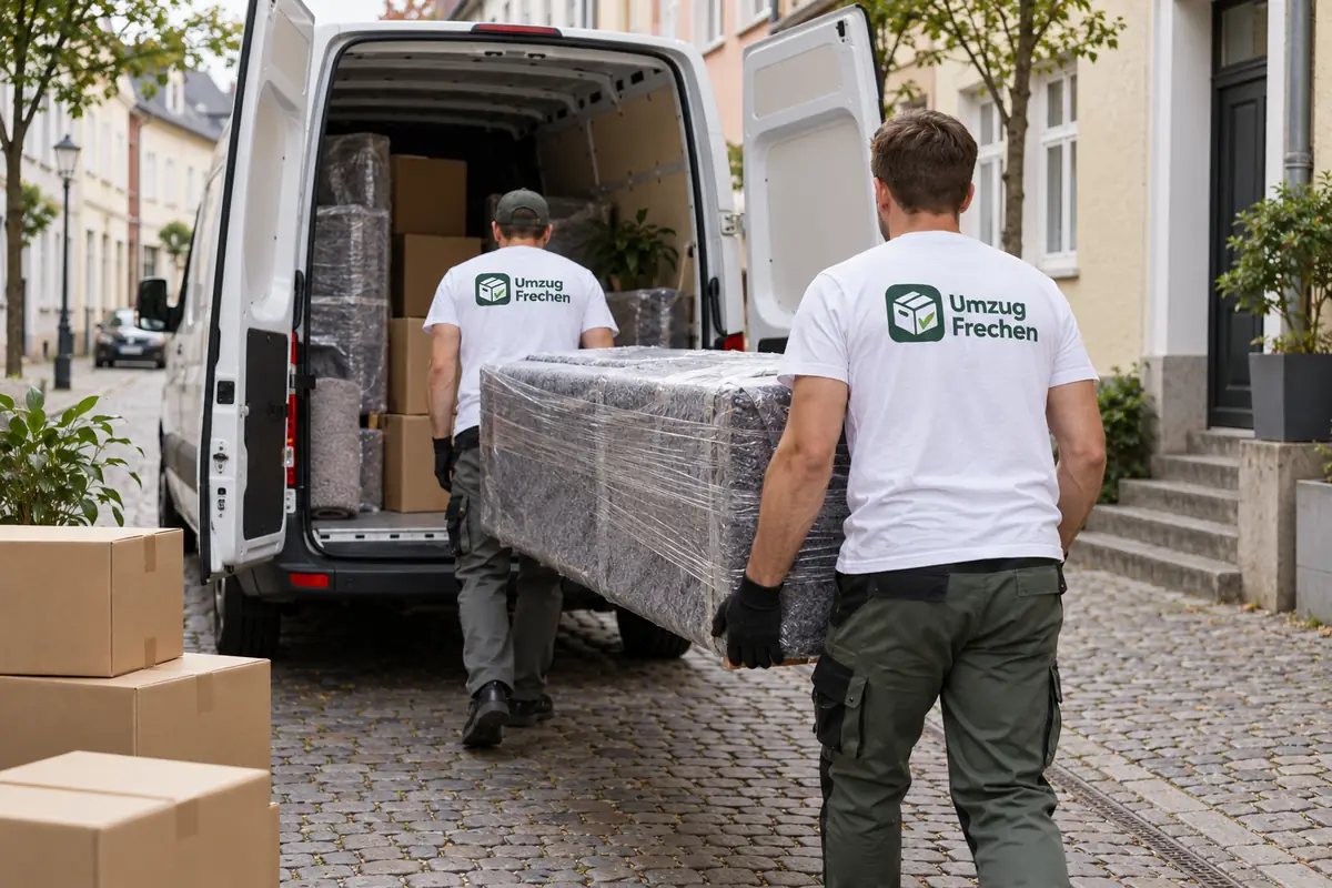 Umzug Frechen: Umzugshelfer laden verpackte Möbel in einen Transporter in einer Altstadtgasse