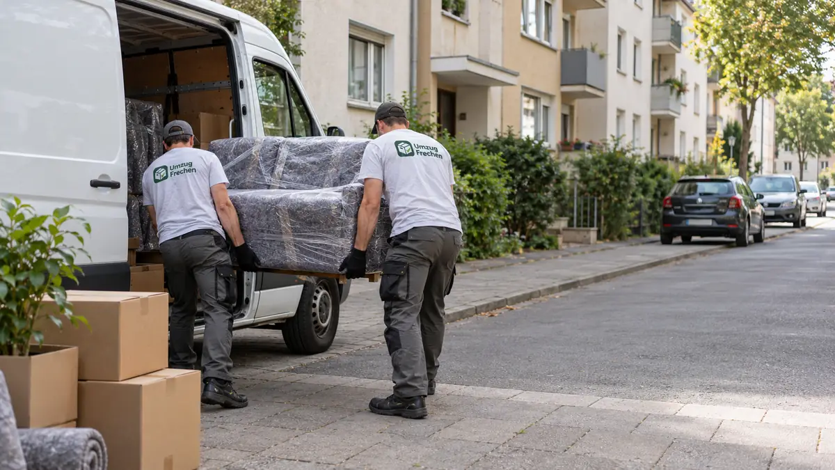 Umzug Frechen: zwei Umzugshelfer von Umzug Frechen tragen ein verpacktes Sofa zum Transporter