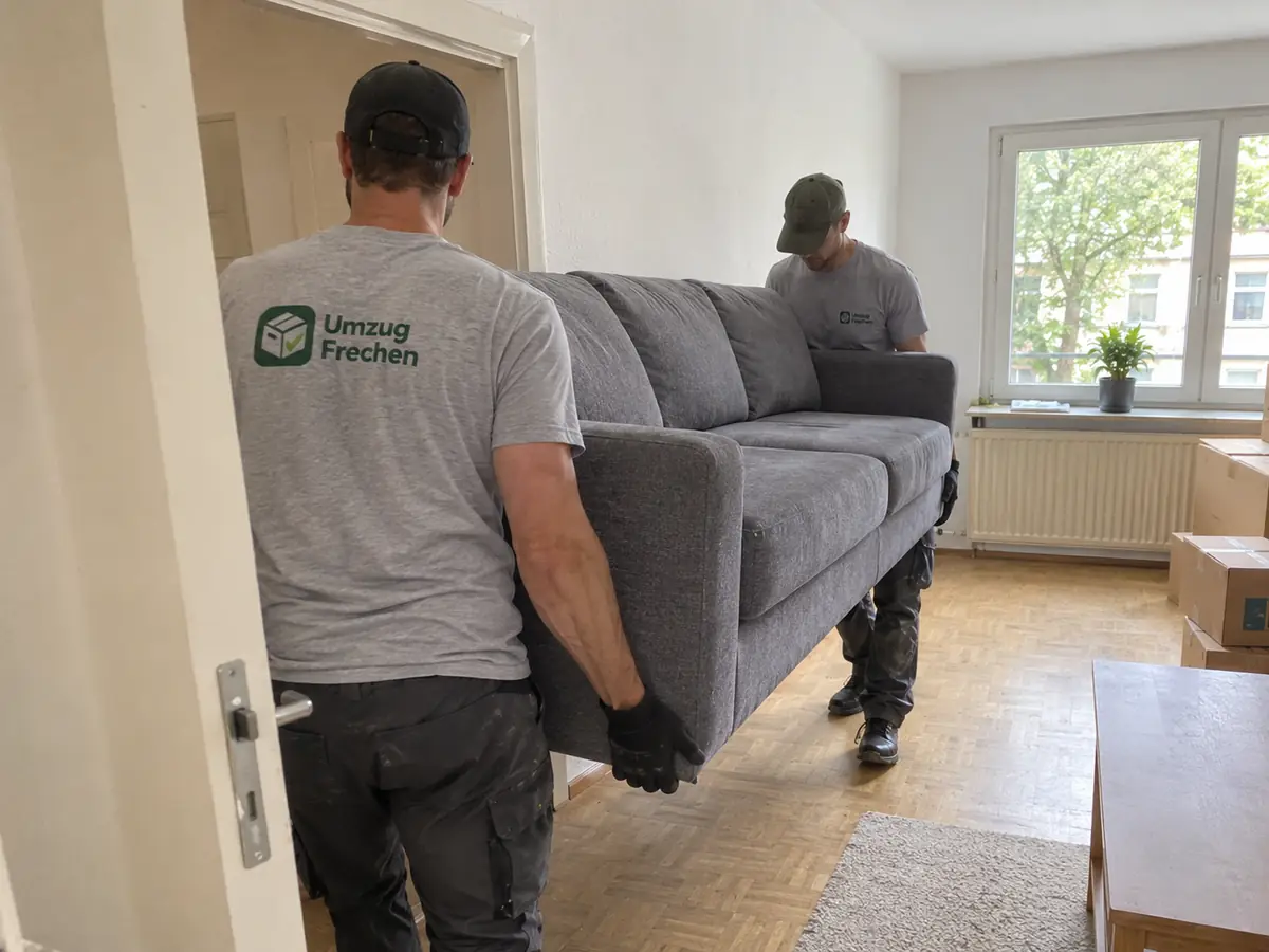 Umzugshelfer tragen ein Sofa durch das Wohnzimmer